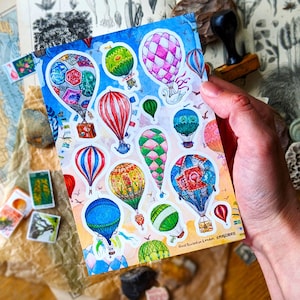 Naklejki na balony na ogrzane powietrze | Zestaw naklejek 2 arkuszy | A6 | Etykiety efemeryczne w stylu vintage, Postcrossing Penpal, Happy Snail Mail Decor & Card Art