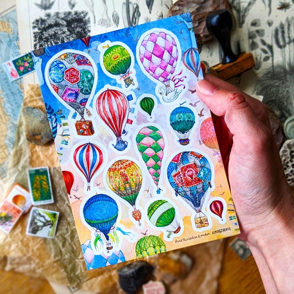 Hot Air Balloon Stickers | 2 Sheet Sticker Set | A6 | Vintage Style Ephemera Labels, Postcrossing Penpal, Happy Snail Mail Decor & Card Art