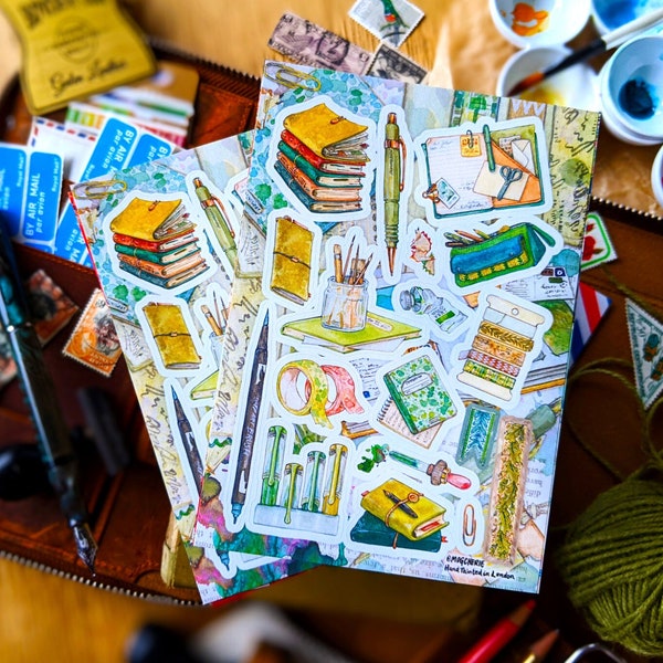 Green Journal Supplies Stickers | 2 Sheet Sticker Set | A6 | Bujo Planner Decoration, UK Happy Snail Mail Art, Postcrossing Postcard Crafts