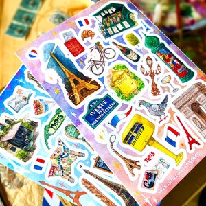 Paris Sticker | 2 Bogen Sticker Set | DIN A6 | Frankreich Journal Dekor, Romantische Ikonen, Französisch Europäischer Urlaub, Pariser Stadt Kunst Etiketten