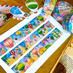 Washi-tape voor heteluchtballon | Rol papiertape 20 mm x 10 m | Grillige zonsondergang, vliegreizenillustratie, Happy Snail Mail-decor, Parijse kinderen