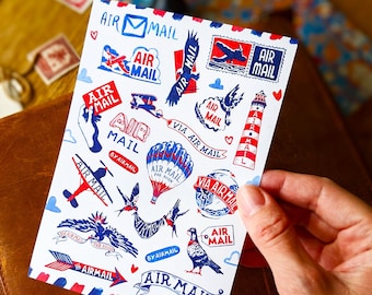 Mini Vintage Style Airmail Sticker Labels | 2 Sheet Sticker Set | Postcrossing Postcard Decor, Happy Snail Mail Art, Red & Blue Sticker Tags