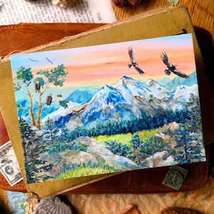 Cartoline Mountain Wilds / Confezione da 1 a 5 / Post all'aria aperta, Scena artistica del parco nazionale, Fauna illustrata, Regali per escursionisti, Cartoline postali Happy Snail Mail