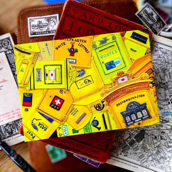 Yellow Postbox Collage Postcards | Sets of 1-5 | A6 | GLOSS FINISH | Mailboxes of Europe, Postcrossing, Snail Mail Art & Penpal Ephemera