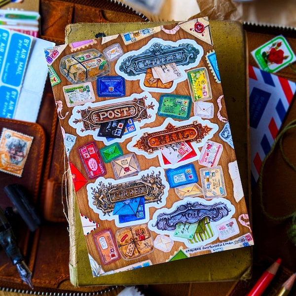 Antique Letter Slot Stickers | 2 Sheet Sticker Set | A6 | Happy Snail Mail Postcard Decoration, Postcrossing Ephemera Art, Cute Penpal Gifts