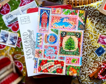 May include: A postcard and decorative stamps with Christmas and winter holiday themes. The stamps feature images of a reindeer, Christmas tree, and festive greetings. The postcard reads "Postcard" and "Post Office".