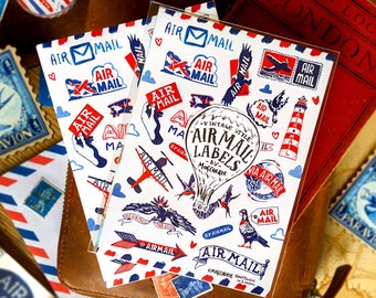 Mini Vintage Style Airmail Sticker Labels | 2 Sheet Sticker Set | Postcrossing Postcard Decor, Happy Snail Mail Art, Red & Blue Sticker Tags