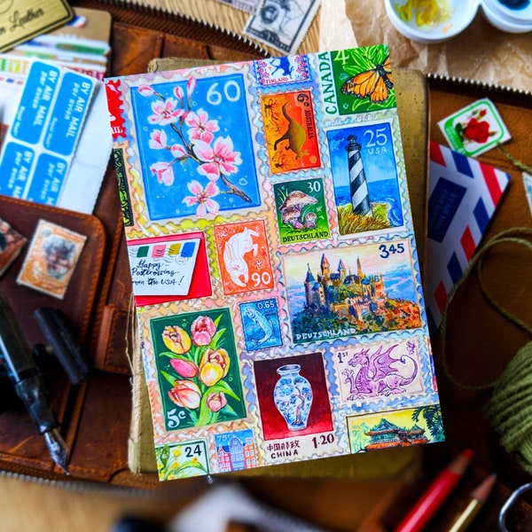 Welt Postkarten | Packungen 1 - 5 | Größe A6 | Faux Stamps Ephemera, Vintage Penpal Brief, Postcrossing Art Geschenke, glückliche Schneckenpost PC