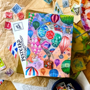 Saudações de Balões de Ar Quente Cartões Postais | Pacotes 1-5 | A6 | Arte de Diário de Viagem, Ilustração de Cartão Postcrossing, Arco-íris, Correio Feliz Reino Unido