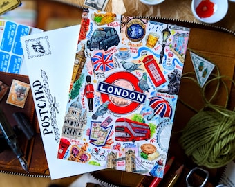 London Travel Journal Postcards | Packs of 1 - 5 | England Map City Postcrossing Cards, UK Happy Snail Mail Art, Penpal Letter Writing Gifts