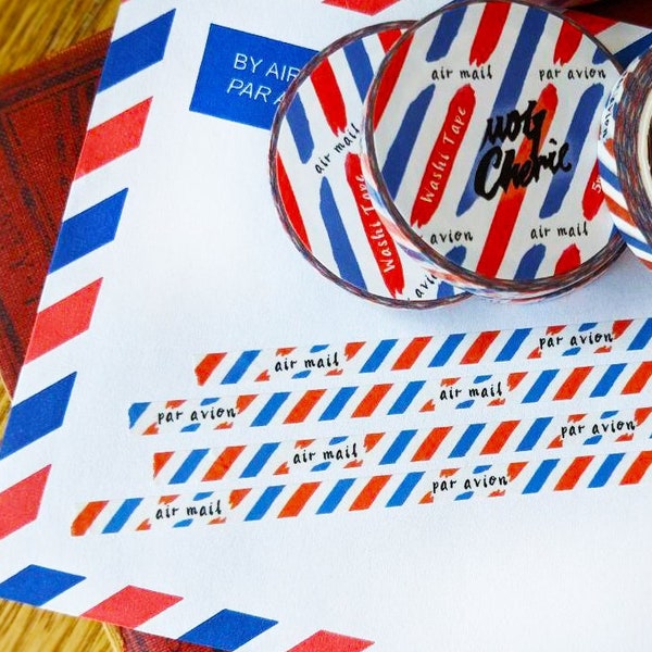 Ruban adhésif fin Washi Airmail | Rouleau 5 mm x 10 m | Par Avion et poste aérienne | Happy Snail Mail, Postcrossing, Scrapbooking, Agenda, Décoration de journal intime