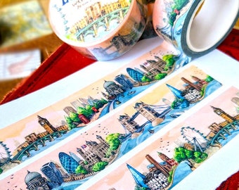 Tour Of London Washi Tape | 10mm x 10m Roll | UK Travel Journal Decoration, British Happy Snail Mail, Postcrossing, City Skyline British Art