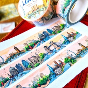 Tour Of London Washi Tape 10mm x 10m Roll UK Travel Journal Decoration, British Happy Snail Mail, Postcrossing, City Skyline British Art image 1