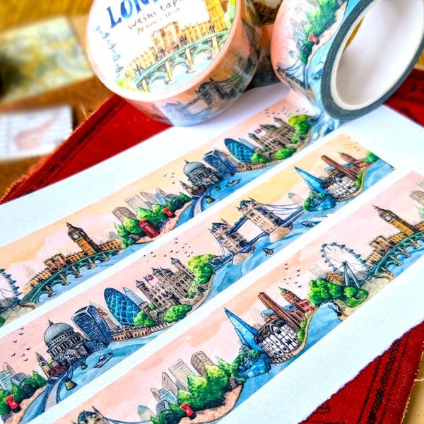 Washi Tape Tour de Londres | Rouleau de 10 mm x 10 m | Décoration de carnet de voyage au Royaume-Uni, courrier postal heureux britannique, traversée de la ville, art britannique sur les toits de la ville