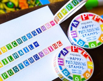 Happy Postcrossing Stempel Washi Tape | 10mm x 10m | Regenbogen-Postkarten-Dekoration, schmales Kunstband, niedliche Happy Snail Mail, Brieffreund-Geschenke zum Basteln