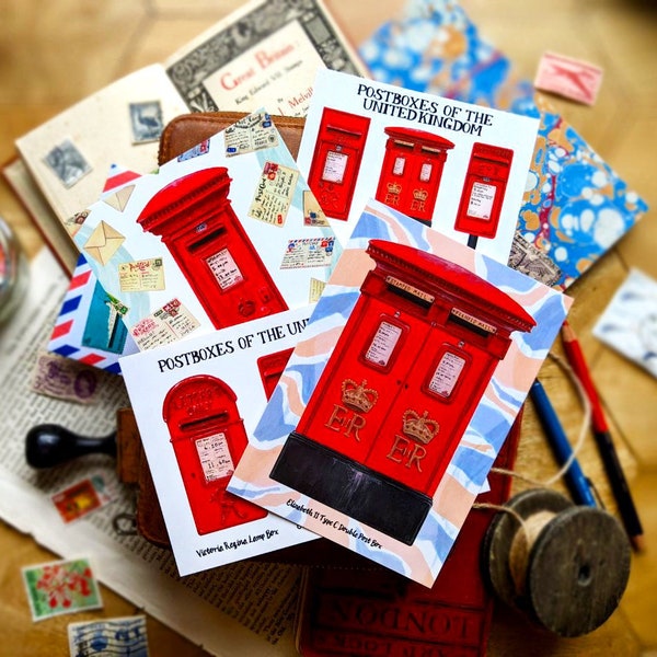 Postboxes of The UK Postcard Set | 4 Unique Post Cards | Britain Postcrossing, Happy Snail Mail, Travel Art Europe, United Kingdom & England