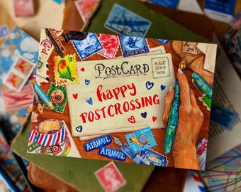 Happy Postcrossing Schreibtisch Postkarte | Größe A6 | Schneckenhaus Karte
