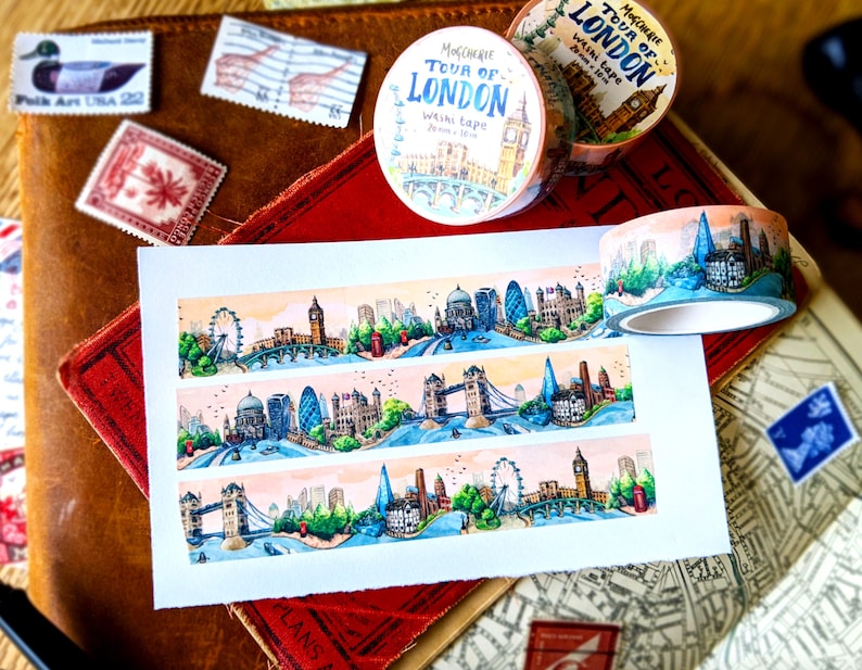 Tour Of London Washi Tape 10mm x 10m Roll UK Travel Journal Decoration, British Happy Snail Mail, Postcrossing, City Skyline British Art image 2