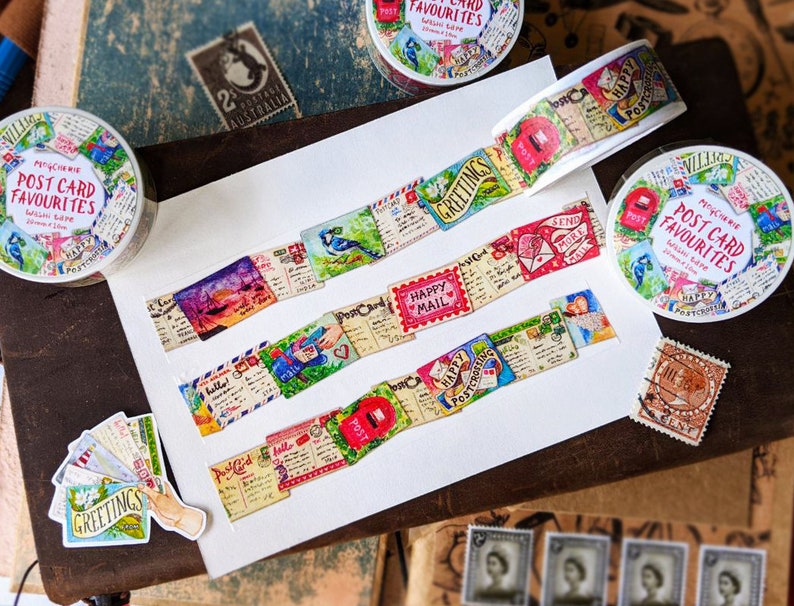 Postcard Favourites Washi Tape 20mm x 10m Paper Tape Roll Happy SnailMail Penpal, Postcrossing, Scrapbook Planner Decor Journal Craft zdjęcie 2
