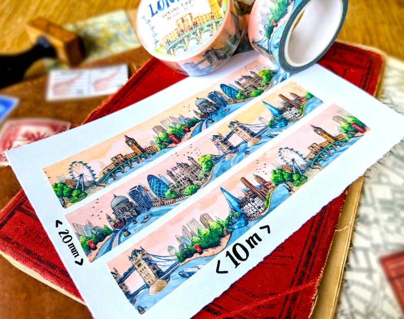 Tour Of London Washi Tape 10mm x 10m Roll UK Travel Journal Decoration, British Happy Snail Mail, Postcrossing, City Skyline British Art image 6