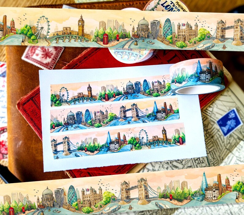 Tour Of London Washi Tape 10mm x 10m Roll UK Travel Journal Decoration, British Happy Snail Mail, Postcrossing, City Skyline British Art image 5