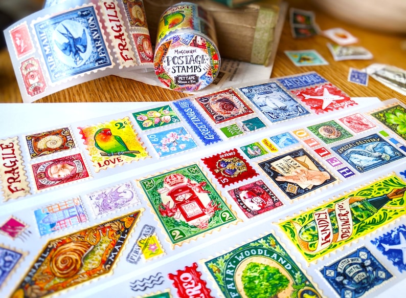Cinta adhesiva PET para franqueo falso / Con respaldo antiadherente / Rollo de 50 mm x 5 m / Acabado esmerilado / Sellos artísticos de SnailMail, Postcrossing Philately Journal imagen 1