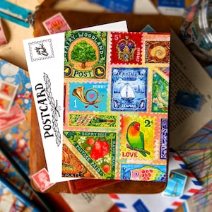 Bunte Briefmarken Sammlung Postkarten | Packungen 1 - 5 | DIN A6 | Illustration Glückliche Schnecke Post, Penpal Brief Geschenke, Faux Briefmarken Postcrossing