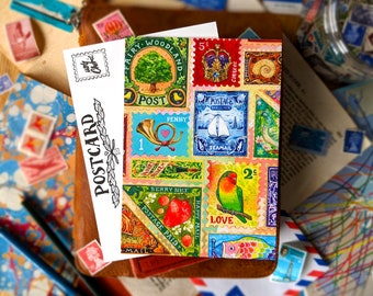 Colourful Stamp Collection Postcards | Packs 1 - 5 | A6 Size | Happy Snail Mail Art, Penpal Letter Gifts, Faux Stamps, Postcrossing Cards