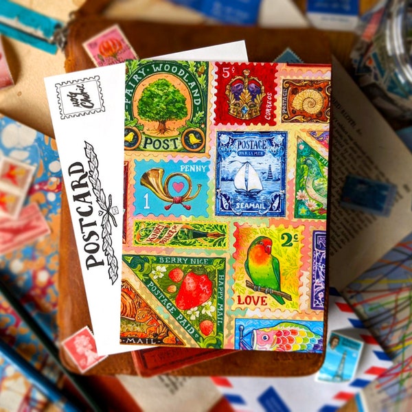 Colourful Stamp Collection Postcards | Packs 1 - 5 | A6 Size | Happy Snail Mail Art, Penpal Letter Gifts, Faux Stamps, Postcrossing Cards