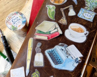 Cinta adhesiva PET para un estudio acogedor: Papelería vintage pintada a mano, diario de arte efímero.