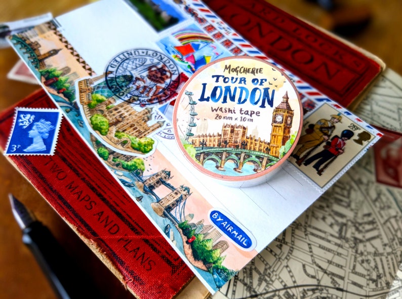 Tour Of London Washi Tape 10mm x 10m Roll UK Travel Journal Decoration, British Happy Snail Mail, Postcrossing, City Skyline British Art image 4