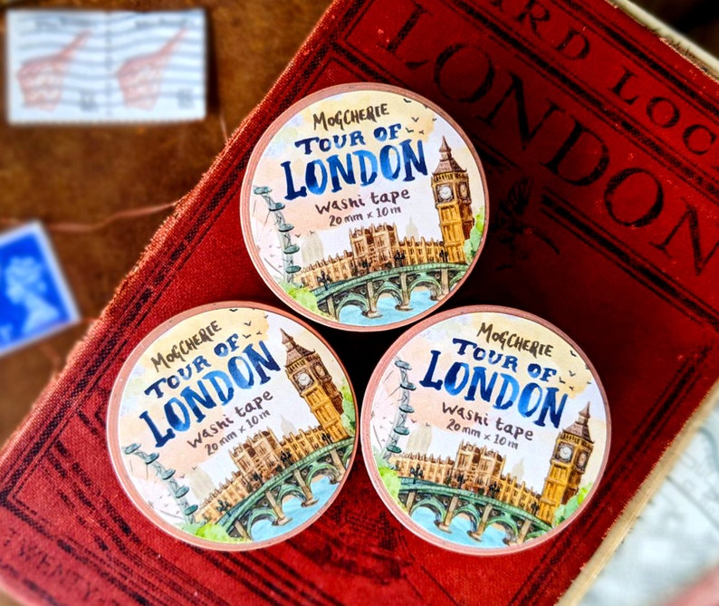 Tour Of London Washi Tape 10mm x 10m Roll UK Travel Journal Decoration, British Happy Snail Mail, Postcrossing, City Skyline British Art image 3