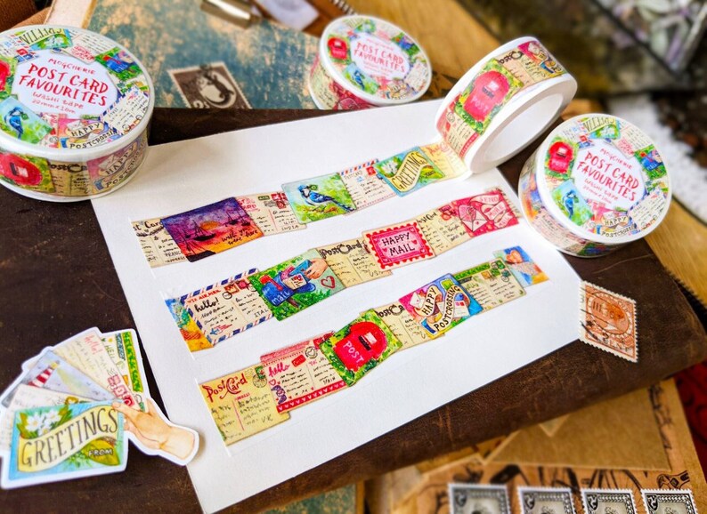 Postcard Favourites Washi Tape 20mm x 10m Paper Tape Roll Happy SnailMail Penpal, Postcrossing, Scrapbook Planner Decor Journal Craft image 1