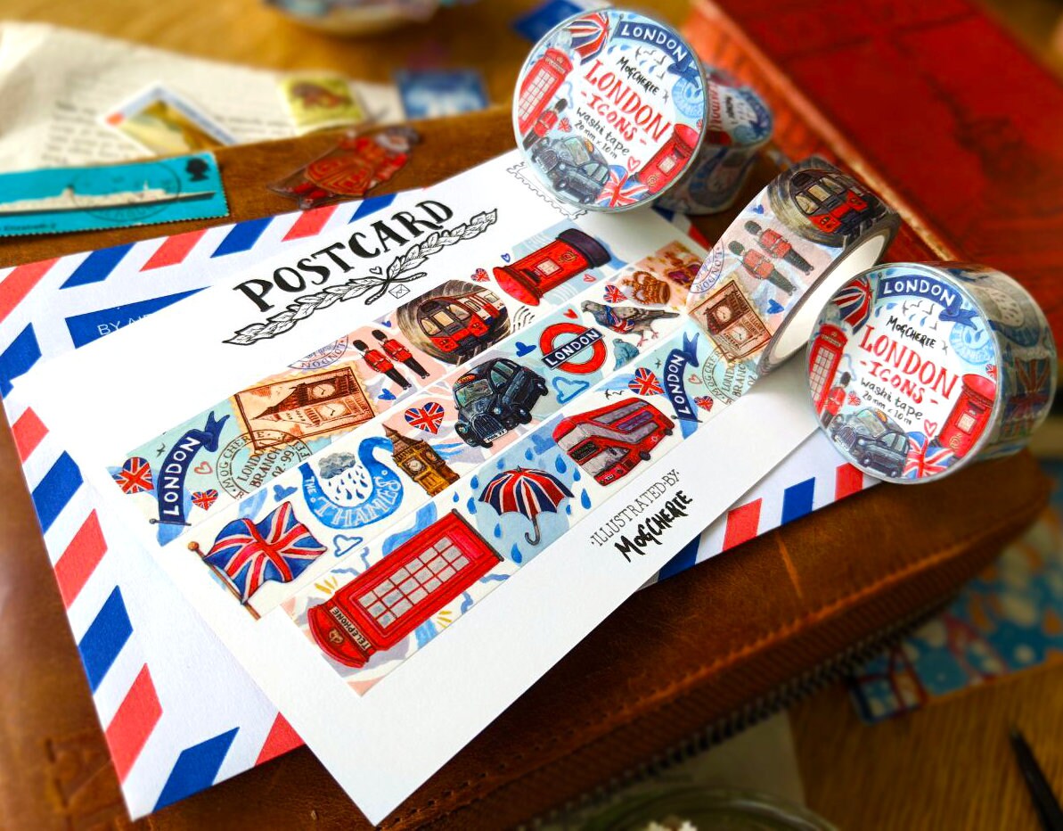 London Icons Washi Tape 20mm X 10m Paper Tape Roll Happy Snail Mail Penpal,  Postcrossing UK, Scrapbook Planner Decor, Travel Journal Art 