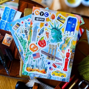 Adesivi da viaggio di New York / Set di 2 fogli di adesivi / A6 / Diario di New York City, USA, Happy Snail Mail Art, Cartolina Postcrossing, Decorazione cartolina Bujo
