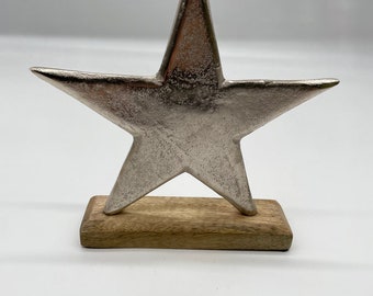 Dekostern, Stern, silber, Holz, Metallstern, Holzfuss, Weihnachten, Advent, 25cm