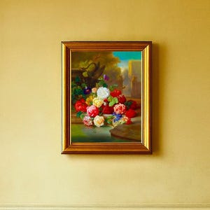 May include: A formal dining room featuring a large wooden table and six ornate chairs. A framed floral painting hangs on the wall above the table. A decorative chandelier hangs from the ceiling.