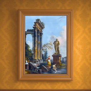 Puede incluir: Una pintura enmarcada que representa ruinas y figuras clásicas cuelga sobre una mesa de madera con cuatro sillas. La mesa tiene papeles y un tintero. Las paredes son de un amarillo cálido con un patrón repetitivo.