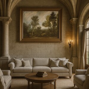 May include: A living room with a beige sofa, two armchairs, and a round wooden coffee table. A landscape painting hangs above the sofa. The room has a stone brick wall and arched doorways. A wall sconce with three candles is mounted on the wall.