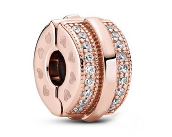925 Sterling Silver Rose Gold Clip Charm, Clip Stopper CZ Beads Charm, Pave Spacer Clip Charms fits Pandora Charms Pulsera Women Jewelry