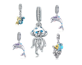 Encantos colgantes de pez sirena del delfín, amuletos de animales colgantes para pulseras de amuletos europeos, amuletos de plata de ley se adapta a los amuletos de pulsera de Pandora