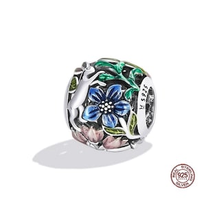 Rabbit Flower Pendant Charms, Enamel Animal Beads Charms for European Bracelets, 925 Sterling Silver Charms fits Pandora Bracelet Charms