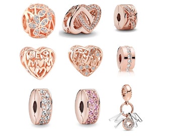 Love Hearts Mum Charms Bead, Spacer Clip Charms, Rose Gold Pandora Bracelet Charms 925 Sterling Silver fits Pandora Charms European Bracelet
