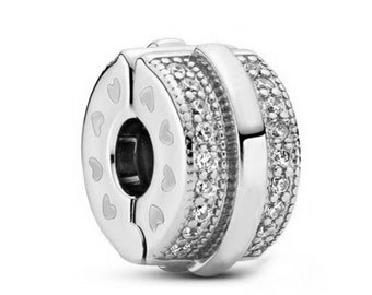 925 Sterling Silver Sparkling Clip Charm, Clip Stopper CZ Beads Charm, Pave Spacer Clip Charms se ajusta a Pandora Charms Pulsera Women Jewelry