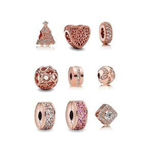 Rose Gold Heart Charm for Bracelet Charms fit Pandora Bracelet 925 Sterling Silver Charm with Pave Beads Charm women jewelry Gifts for Girl