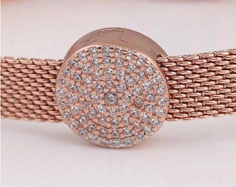 Pulsera de malla Encanto de reflexión Encanto de reflexión, oro rosa deslumbrante elegancia clip encanto CZ cuentas, pulsera de encantos Pandora de plata de ley