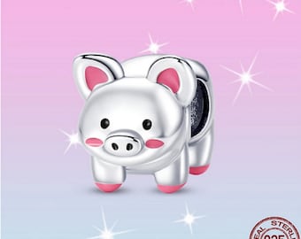 Pet Pig Animal Esmalte Charms, Pink Zircon Bracelet Charms 925 Sterling Silver Dangle Charms European Style Charm Bead Pendant Bracelet Gifts