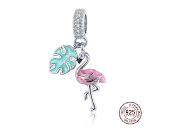 Dije de flamenco rosa, esmaltado, colgante de pájaro para pulseras europeas, de plata de ley 925, compatible con pulseras Pandora.