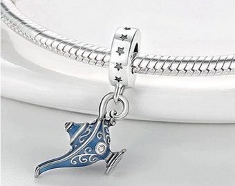 Esmalte azul Lámpara mágica Set de té Amuleto colgante para dijes de pulsera, 925 Charm de plata esterlina se adapta a los regalos de joyería de mujeres con encanto europeo