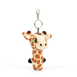 May include: A plush giraffe keychain with brown spots and a silver key ring. The giraffe has big, brown eyes and a friendly expression.